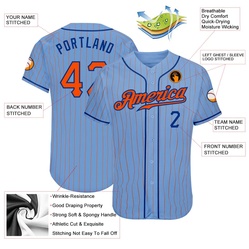 Custom Light Blue Orange Pinstripe Orange-Royal Authentic Baseball Jersey