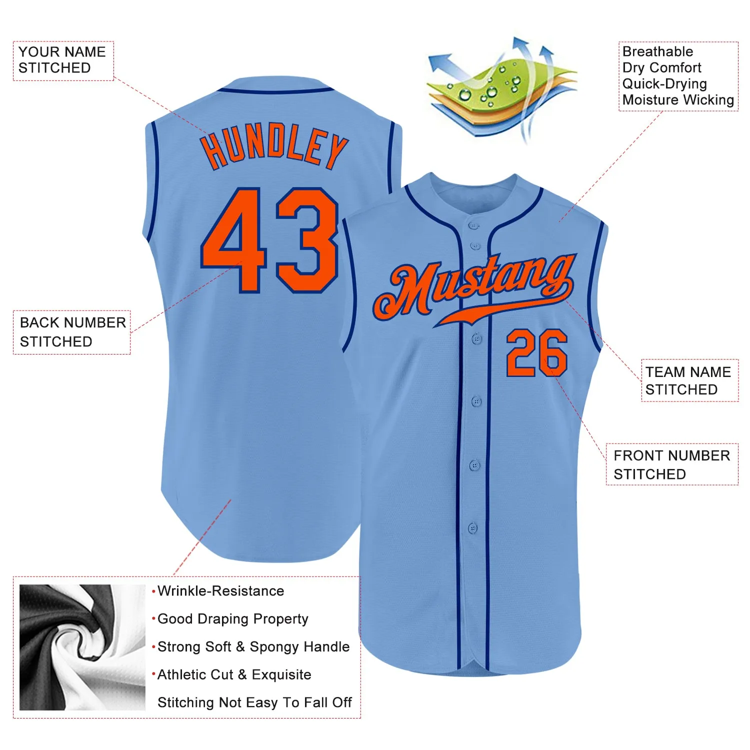 Custom Light Blue Orange-Royal Authentic Sleeveless Baseball Jersey