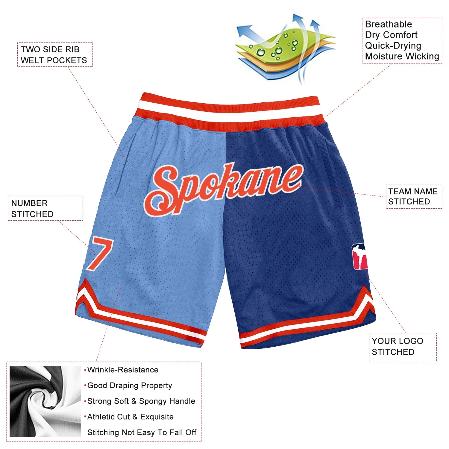 Custom Light Blue Orange-Royal Authentic Throwback Split Fashion Basketball Shorts