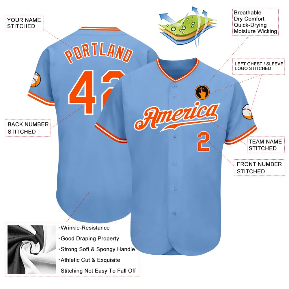 Custom Light Blue Orange-White Authentic Baseball Jersey