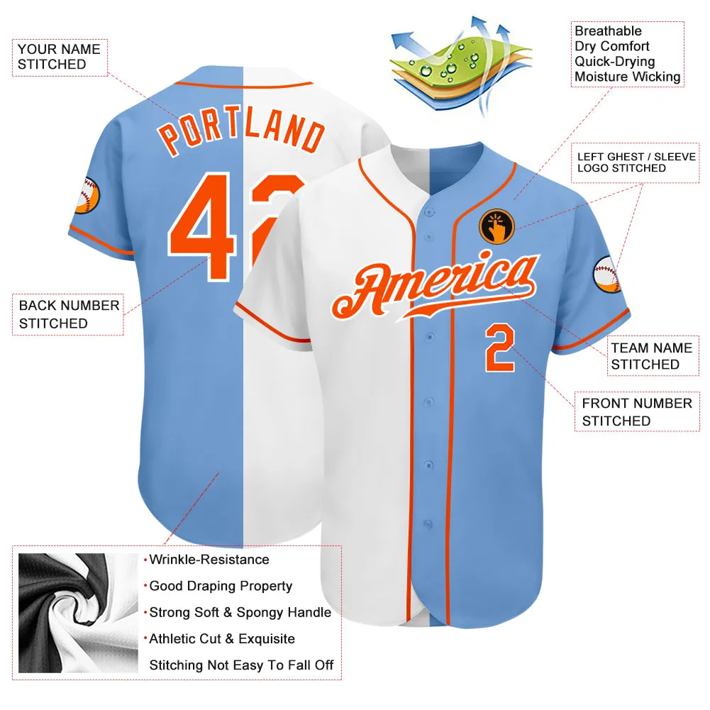 Custom Light Blue Orange-White Authentic Split Fashion Baseball Jersey