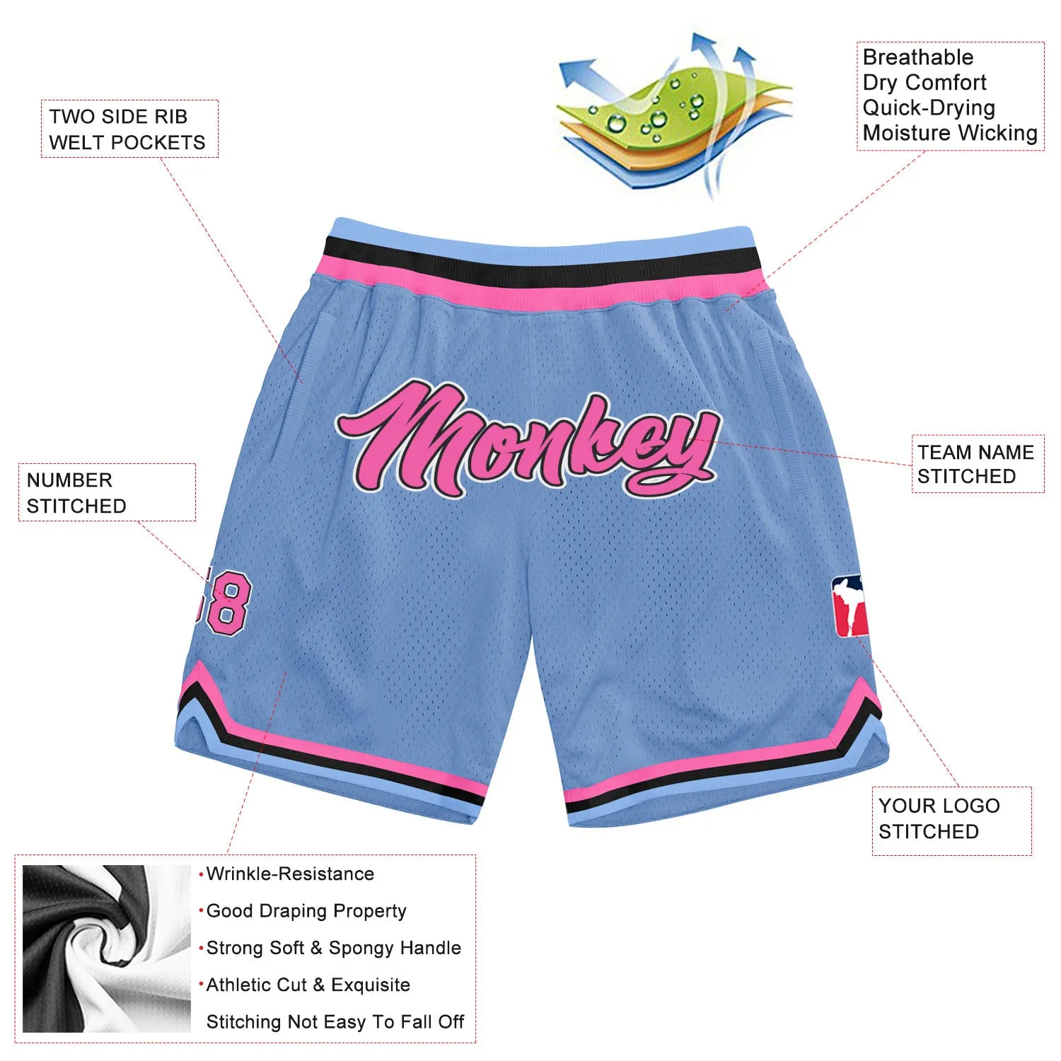 Custom Light Blue Pink-Black Authentic Throwback Basketball Shorts