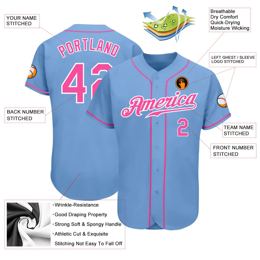 Custom Light Blue Pink-White Authentic Baseball Jersey