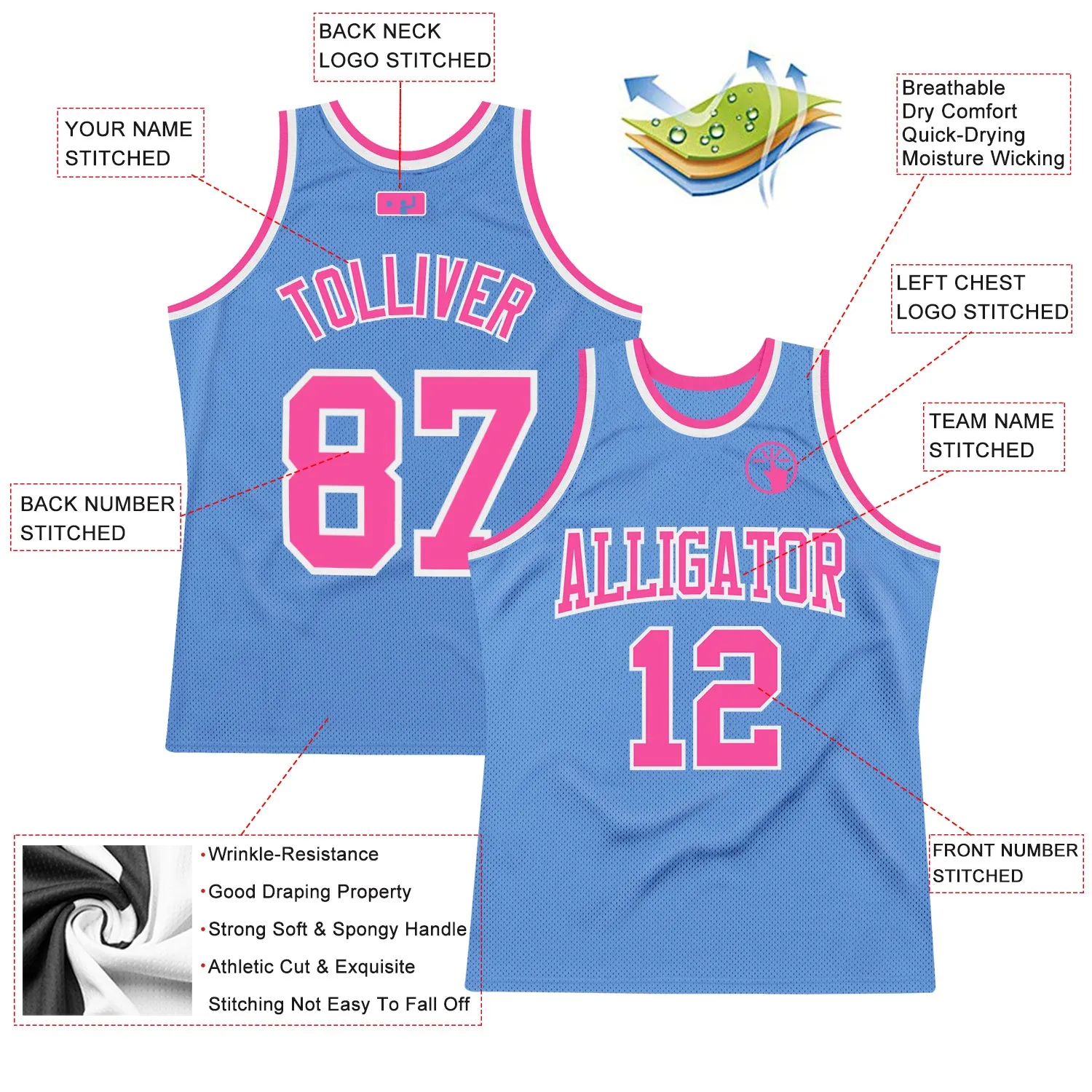 Custom Light Blue Pink-White Authentic Throwback Basketball Jersey