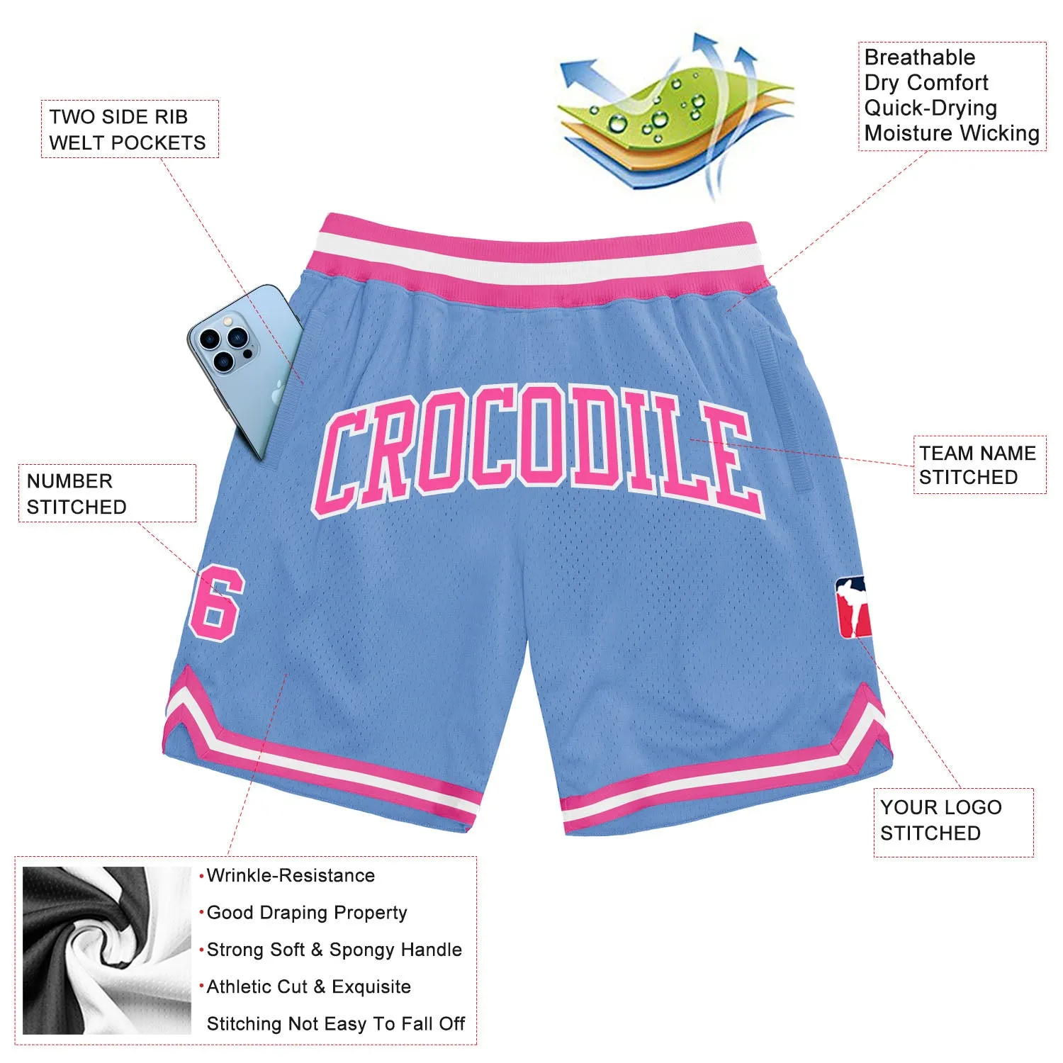 Custom Light Blue Pink-White Authentic Throwback Basketball Shorts