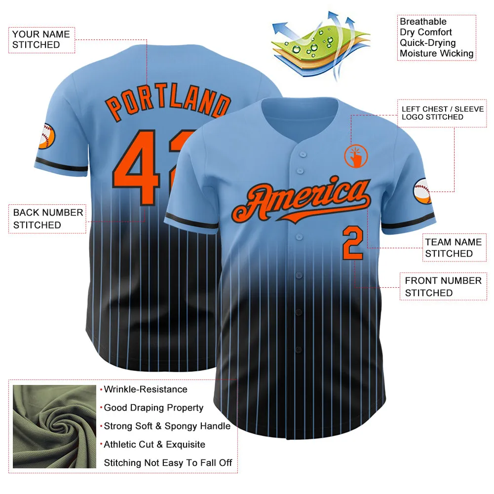 Custom Light Blue Pinstripe Orange-Black Authentic Fade Fashion Baseball Jersey