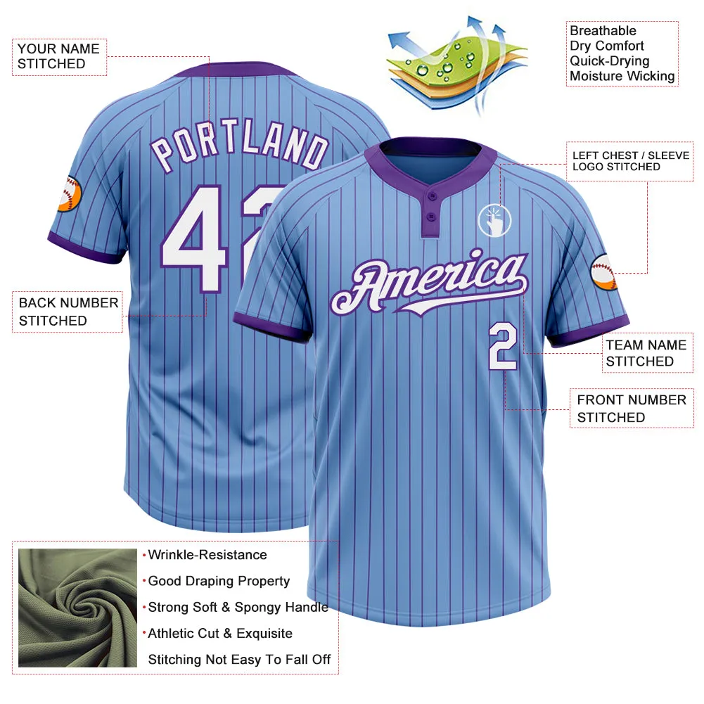 Custom Light Blue Purple Pinstripe White Two-Button Unisex Softball Jersey