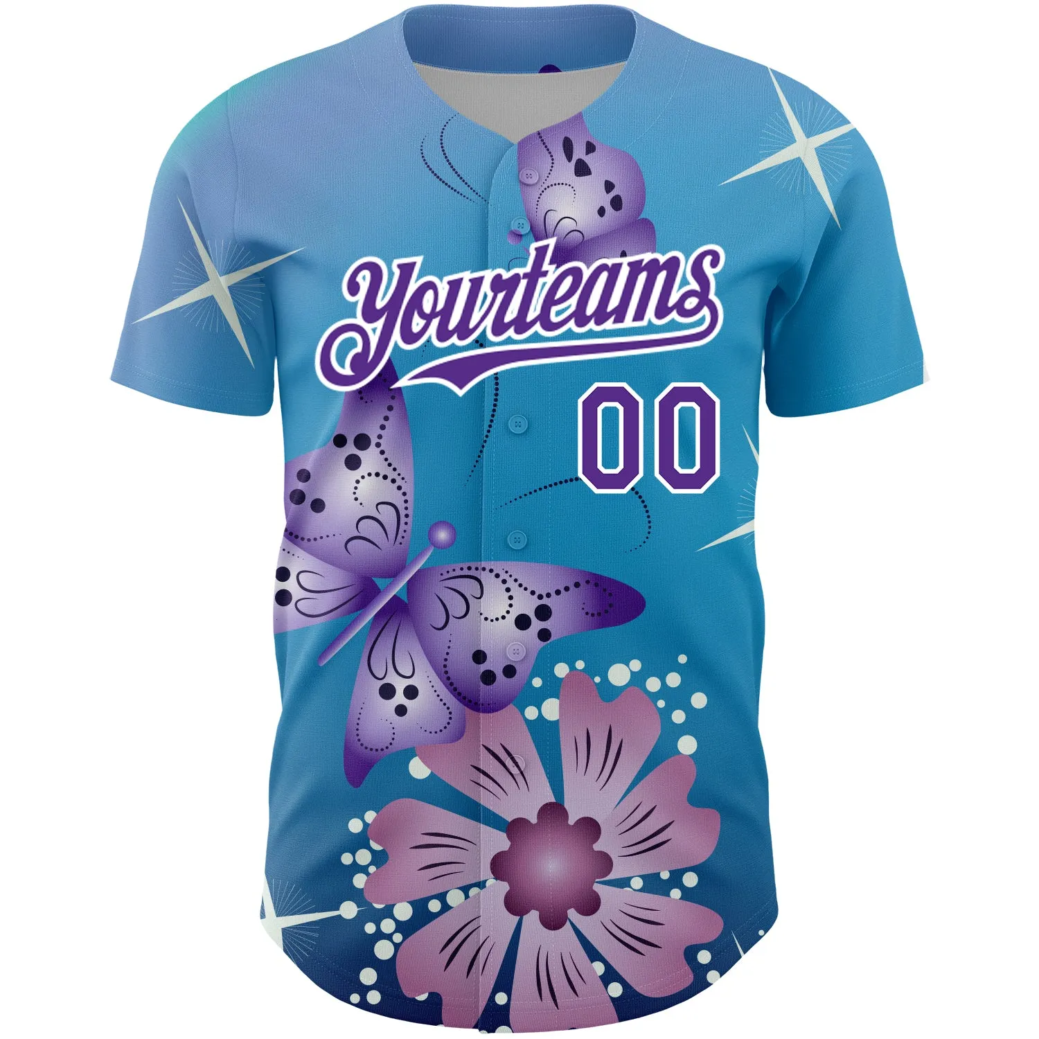 Custom Light Blue Purple-White 3D Pattern Design Animal Butterfly And Flower Authentic Baseball Jersey