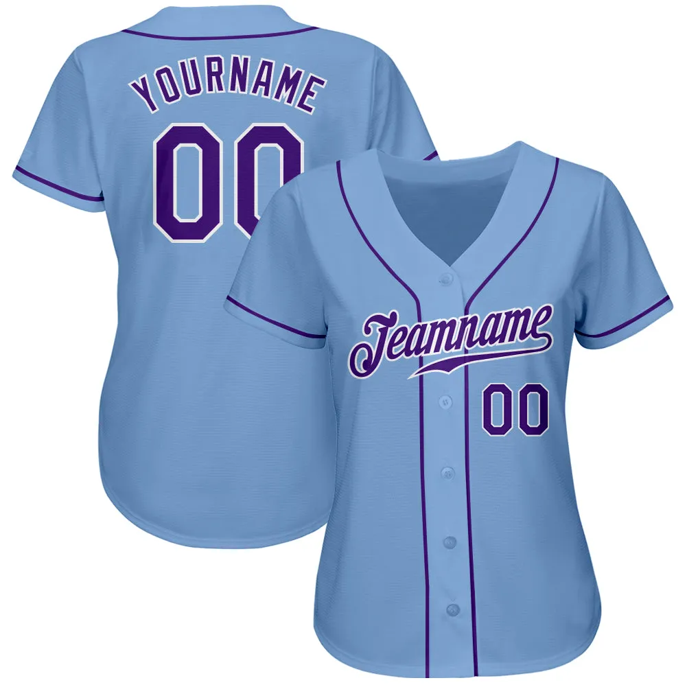 Custom Light Blue Purple-White Authentic Baseball Jersey