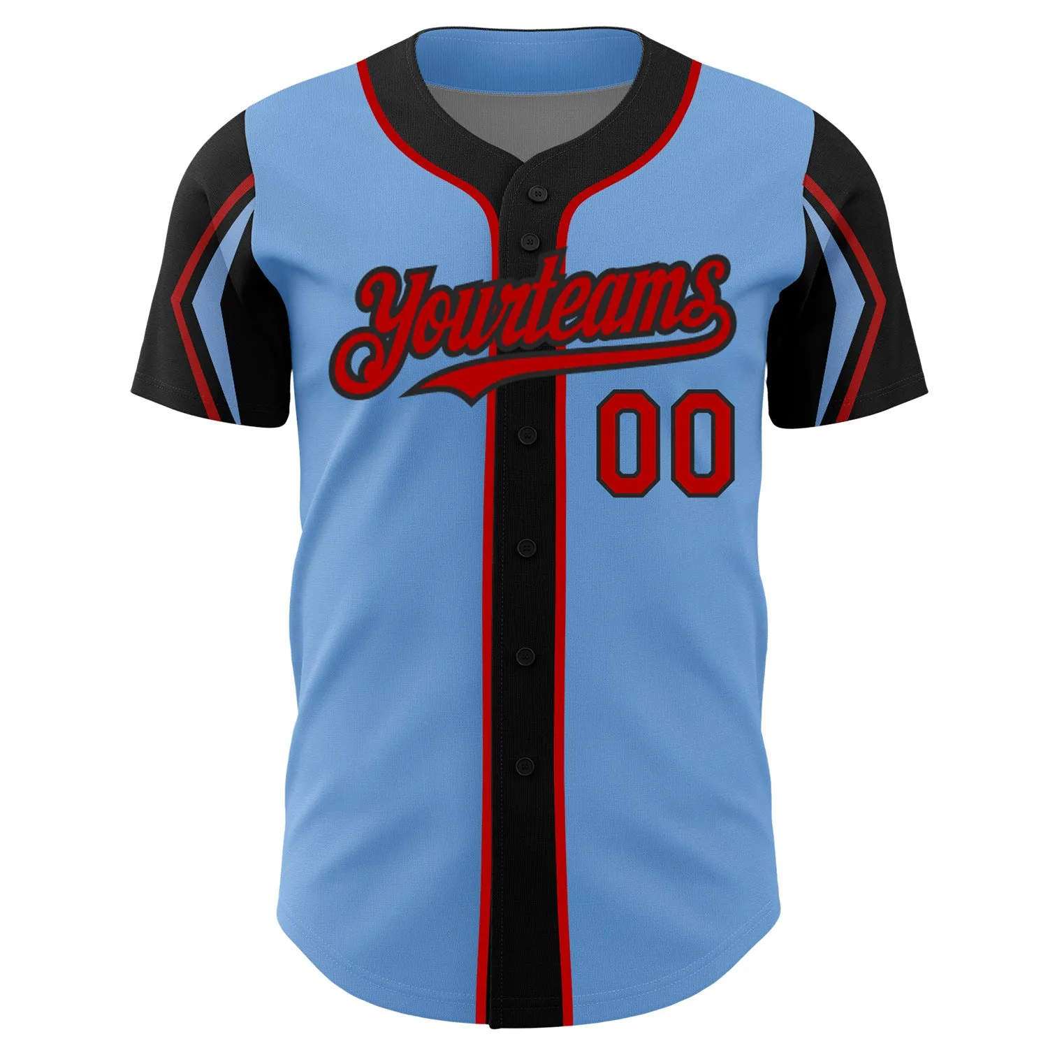 Custom Light Blue Red-Black 3 Colors Arm Shapes Authentic Baseball Jersey