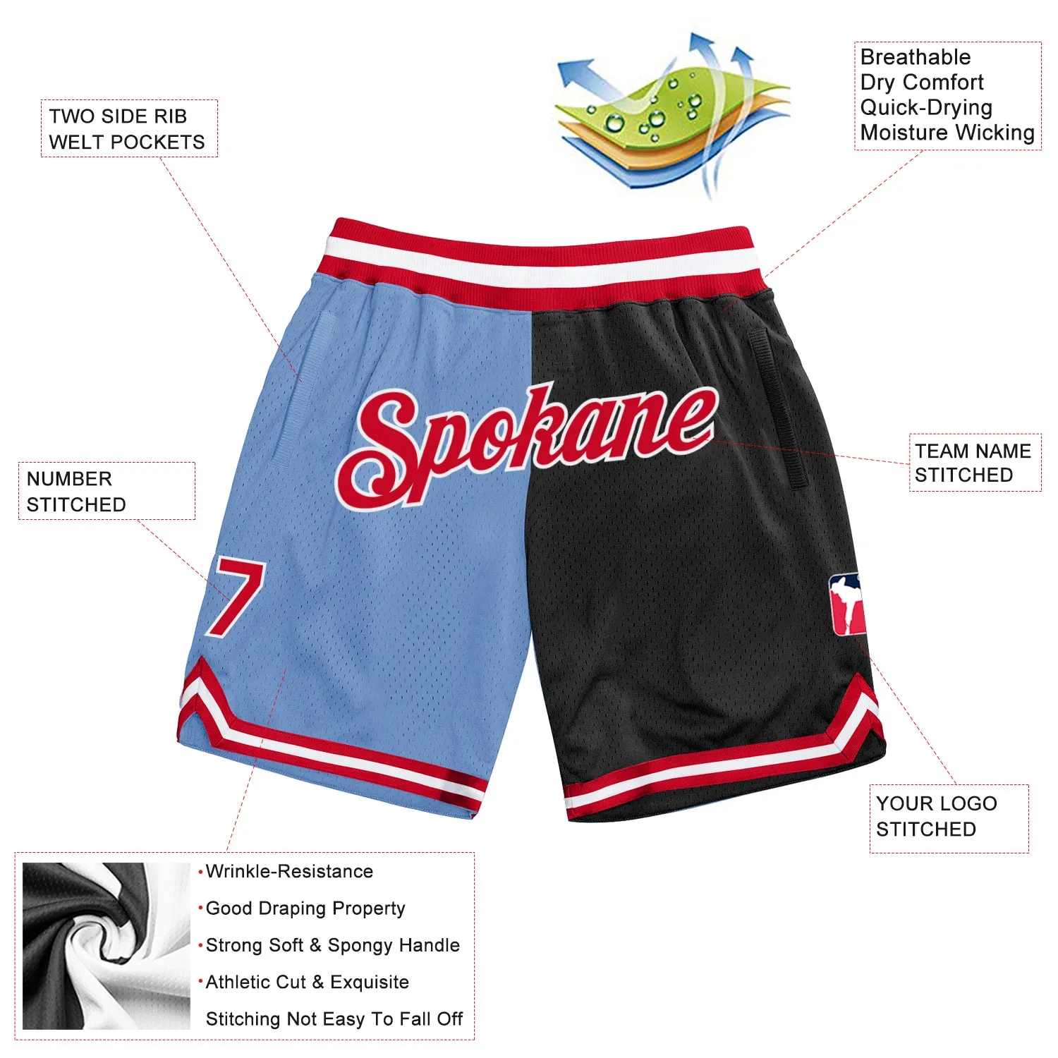 Custom Light Blue Red-Black Authentic Throwback Split Fashion Basketball Shorts