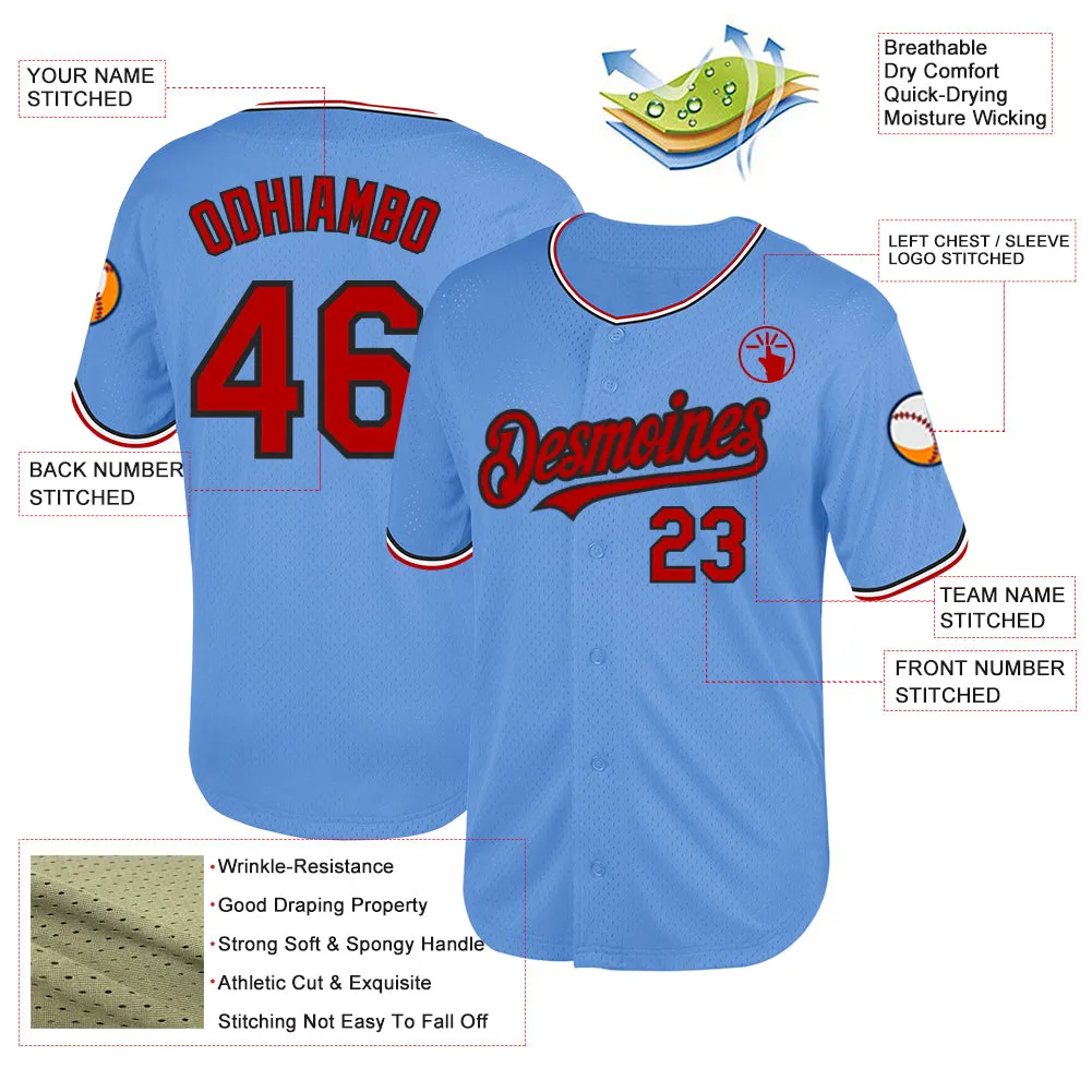 Custom Light Blue Red-Black Mesh Authentic Throwback Baseball Jersey