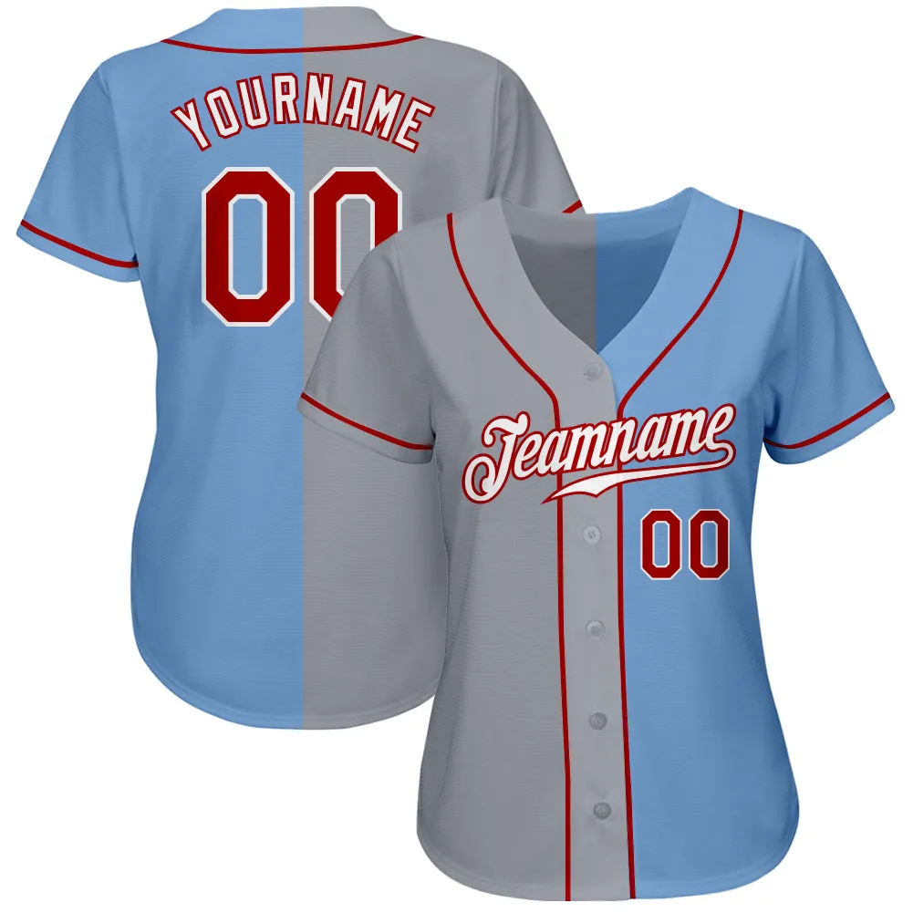 Custom Light Blue Red-Gray Authentic Split Fashion Baseball Jersey