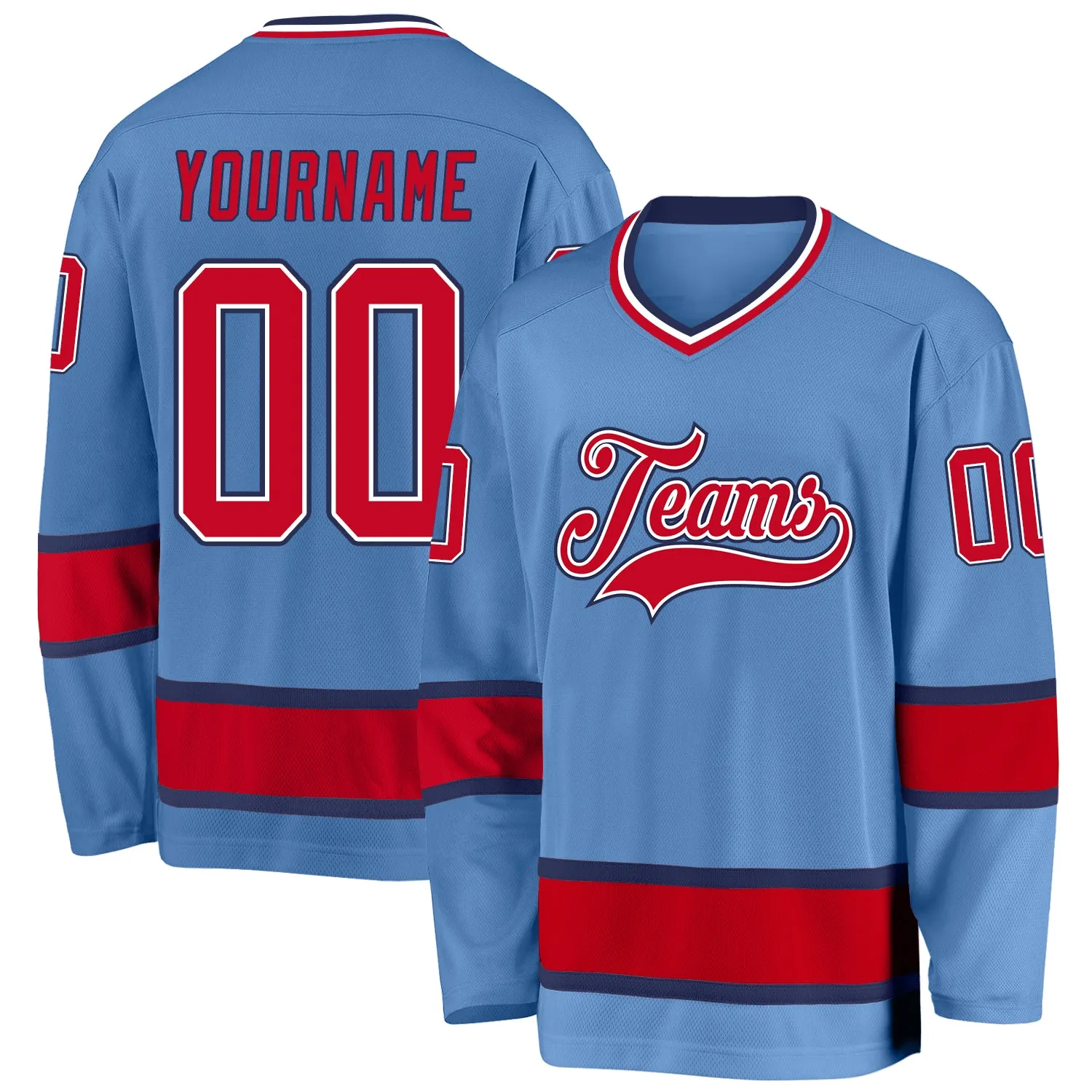 Custom Light Blue Red-Navy Hockey Jersey