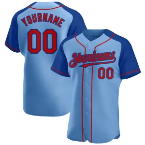 Custom Light Blue Red-Royal Authentic Raglan Sleeves Baseball Jersey