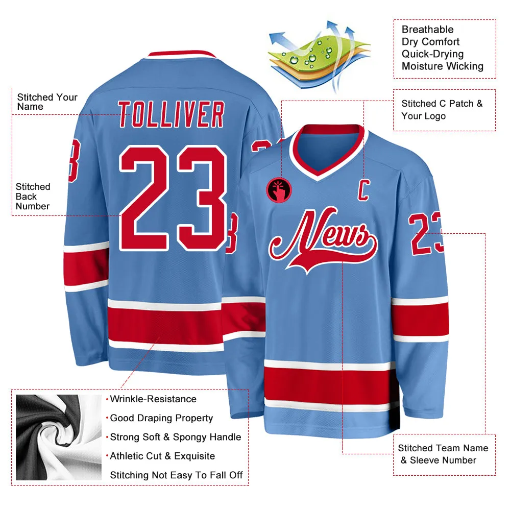 Custom Light Blue Red-White Hockey Jersey