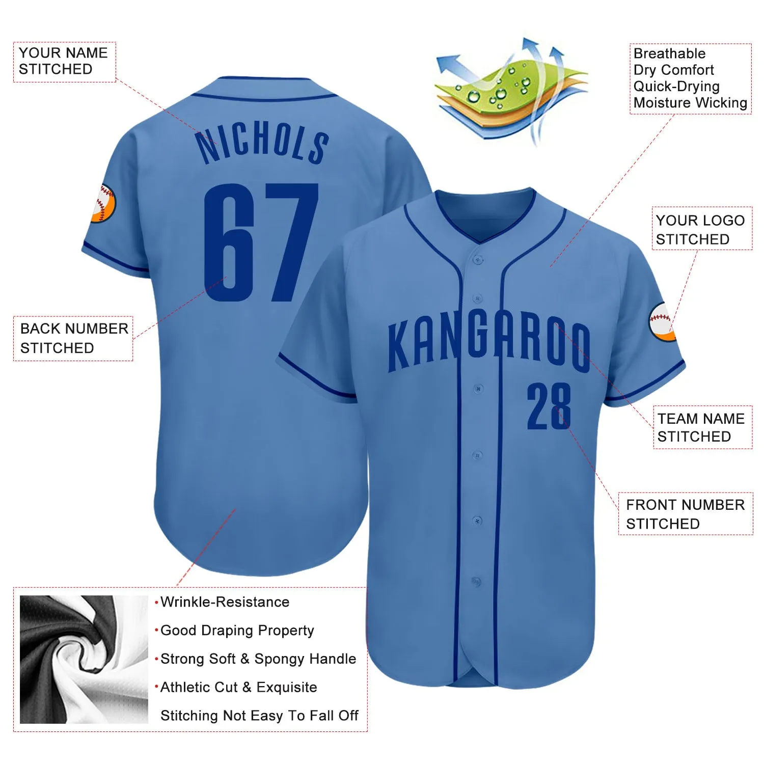 Custom Light Blue Royal Authentic Baseball Jersey