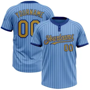 Custom Light Blue Royal Pinstripe Old Gold Two-Button Unisex Softball Jersey