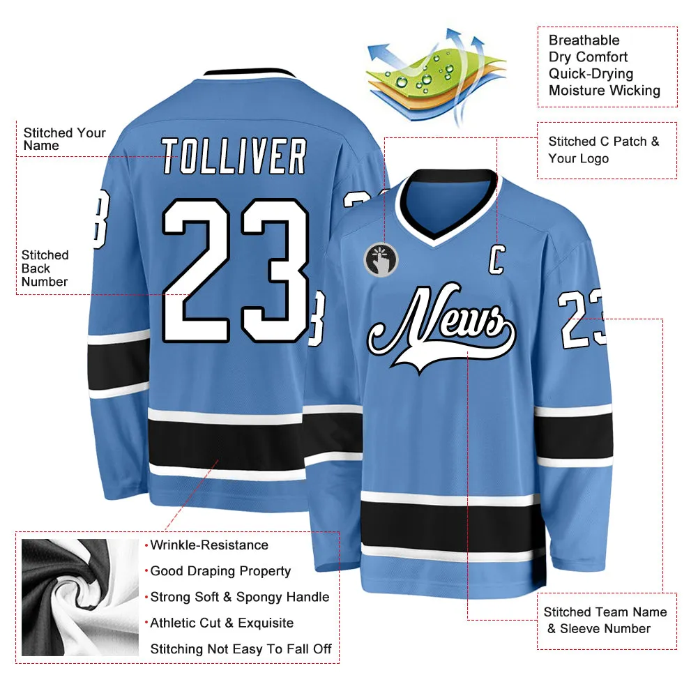 Custom Light Blue White-Black Hockey Jersey