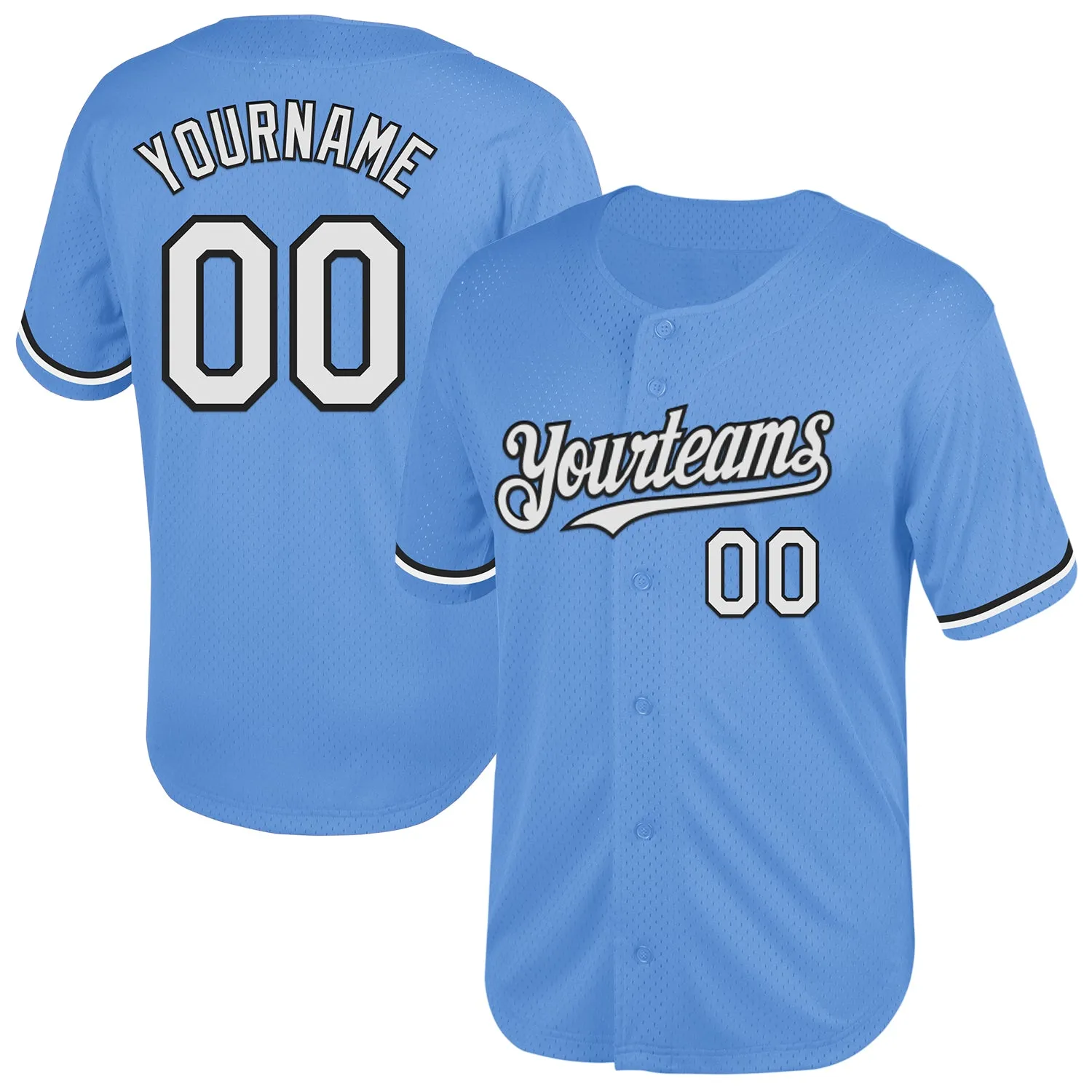 Custom Light Blue White-Black Mesh Authentic Throwback Baseball Jersey