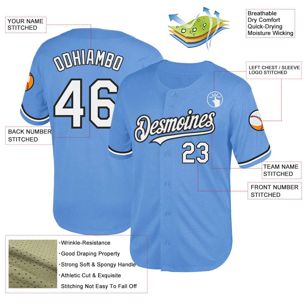 Custom Light Blue White-Black Mesh Authentic Throwback Baseball Jersey