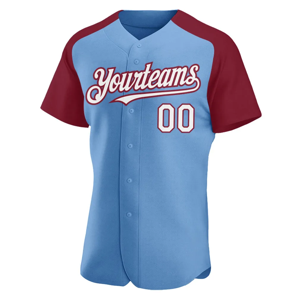 Custom Light Blue White-Crimson Authentic Raglan Sleeves Baseball Jersey