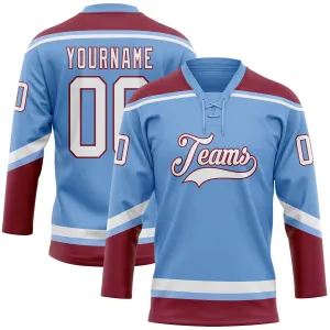 Custom Light Blue White-Crimson Hockey Lace Neck Jersey