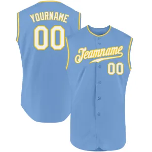 Custom Light Blue White-Gold Authentic Sleeveless Baseball Jersey