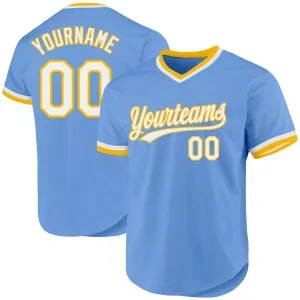 Custom Light Blue White-Gold Authentic Throwback Baseball Jersey