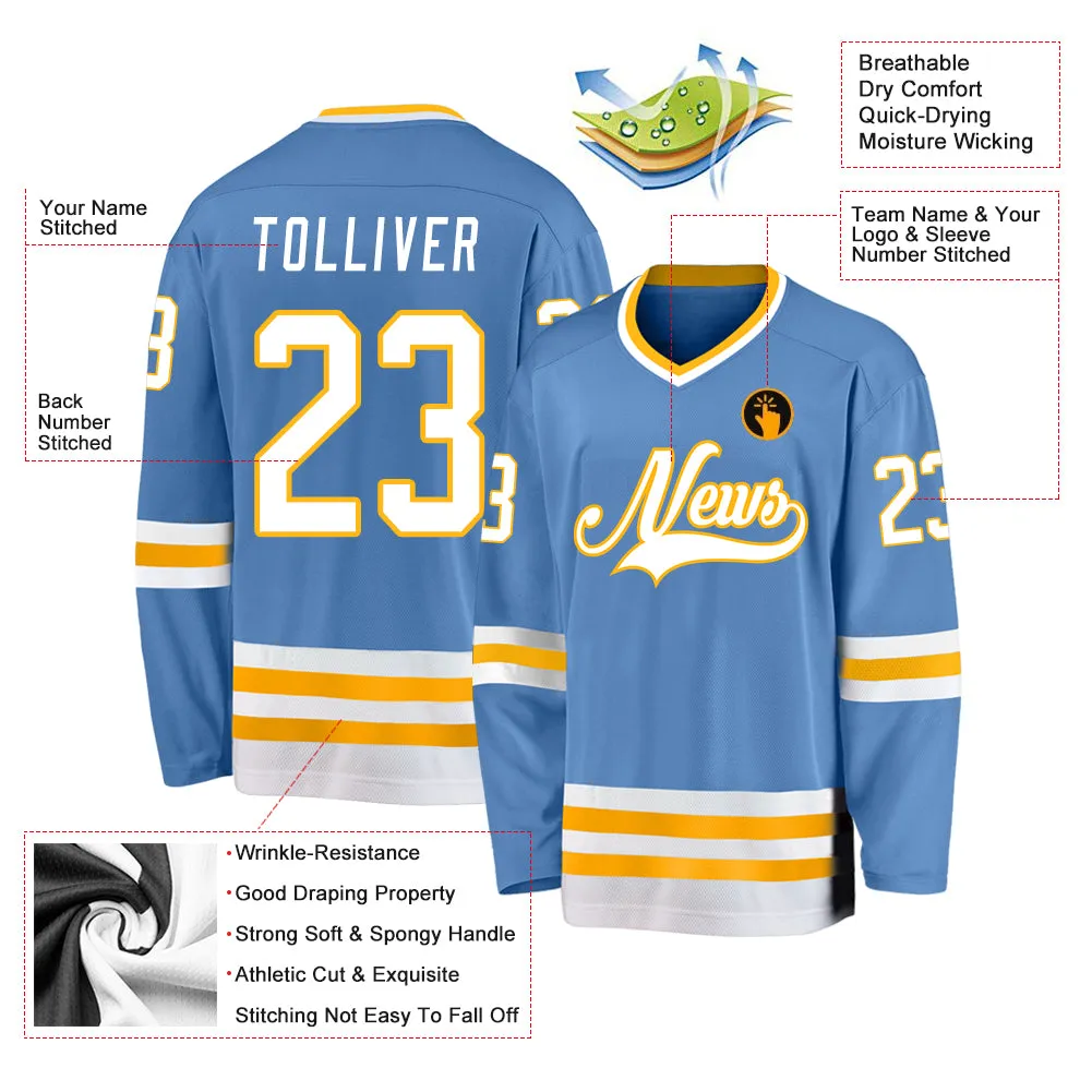 Custom Light Blue White-Gold Hockey Jersey