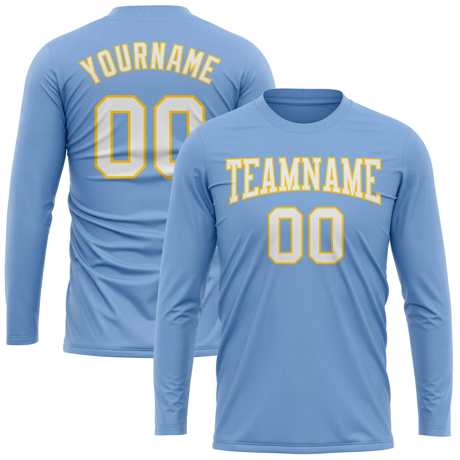 Custom Light Blue White-Gold Long Sleeve Performance T-Shirt