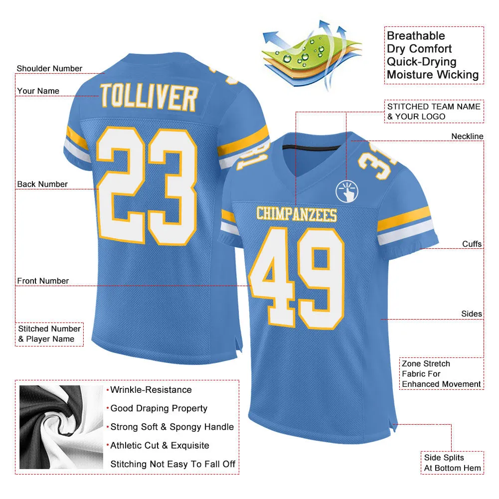 Custom Light Blue White-Gold Mesh Authentic Football Jersey