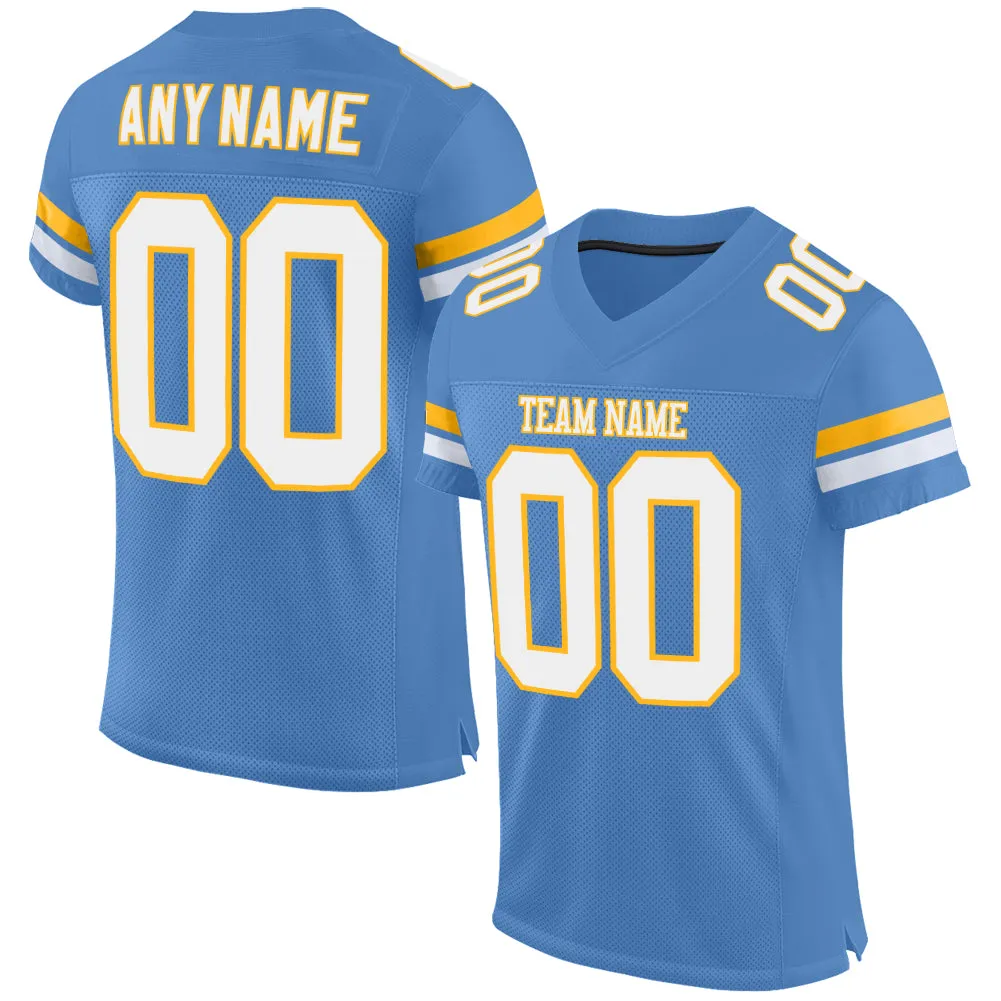 Custom Light Blue White-Gold Mesh Authentic Football Jersey