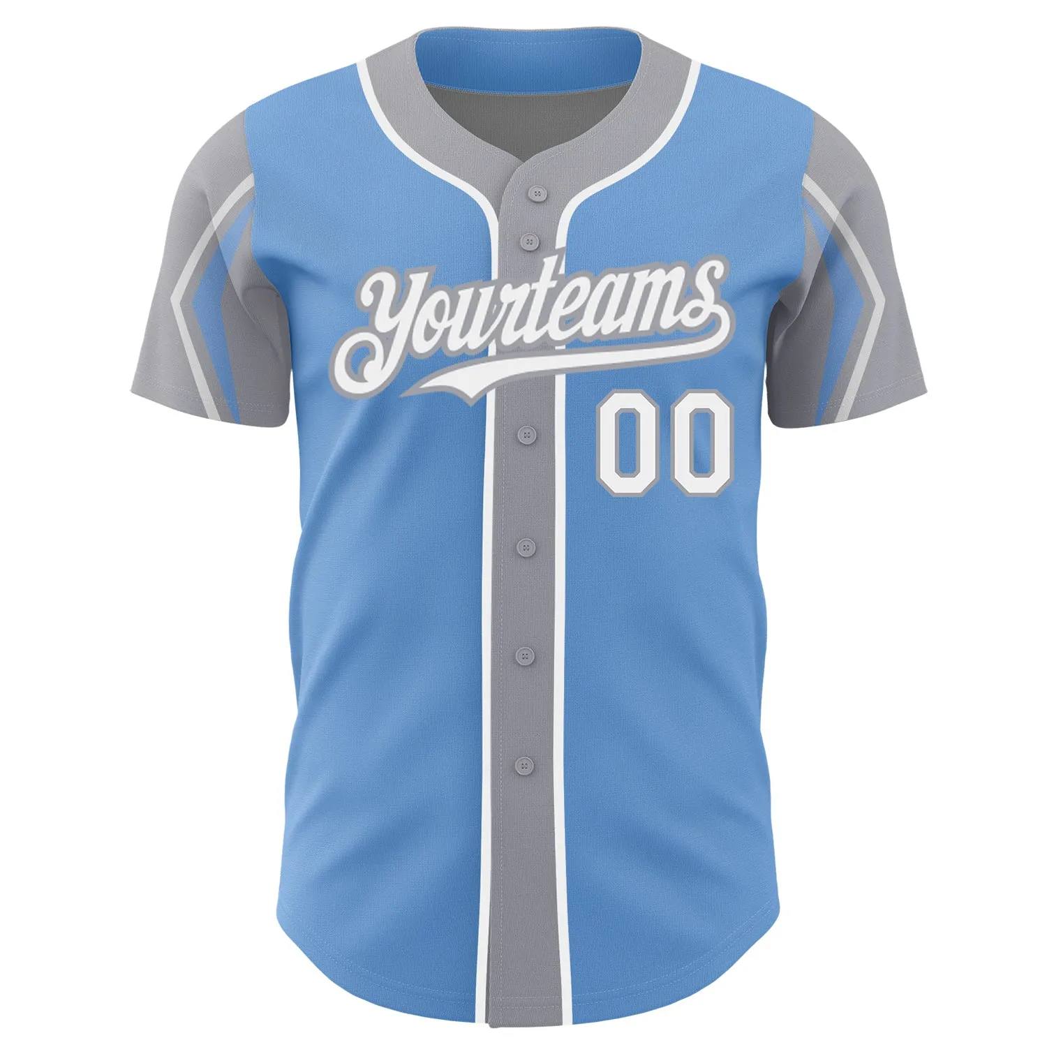 Custom Light Blue White-Gray 3 Colors Arm Shapes Authentic Baseball Jersey