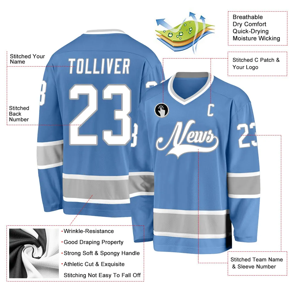 Custom Light Blue White-Gray Hockey Jersey