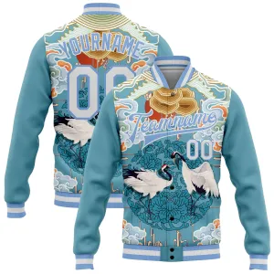 Custom Light Blue White Heron And Cloud 3D Pattern Design Bomber Full-Snap Varsity Letterman Jacket