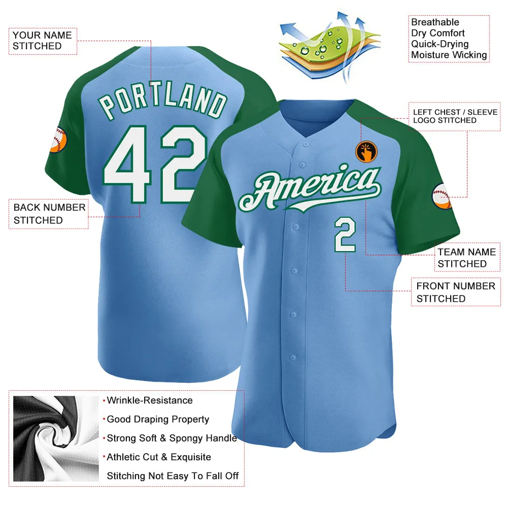 Custom Light Blue White-Kelly Green Authentic Raglan Sleeves Baseball Jersey