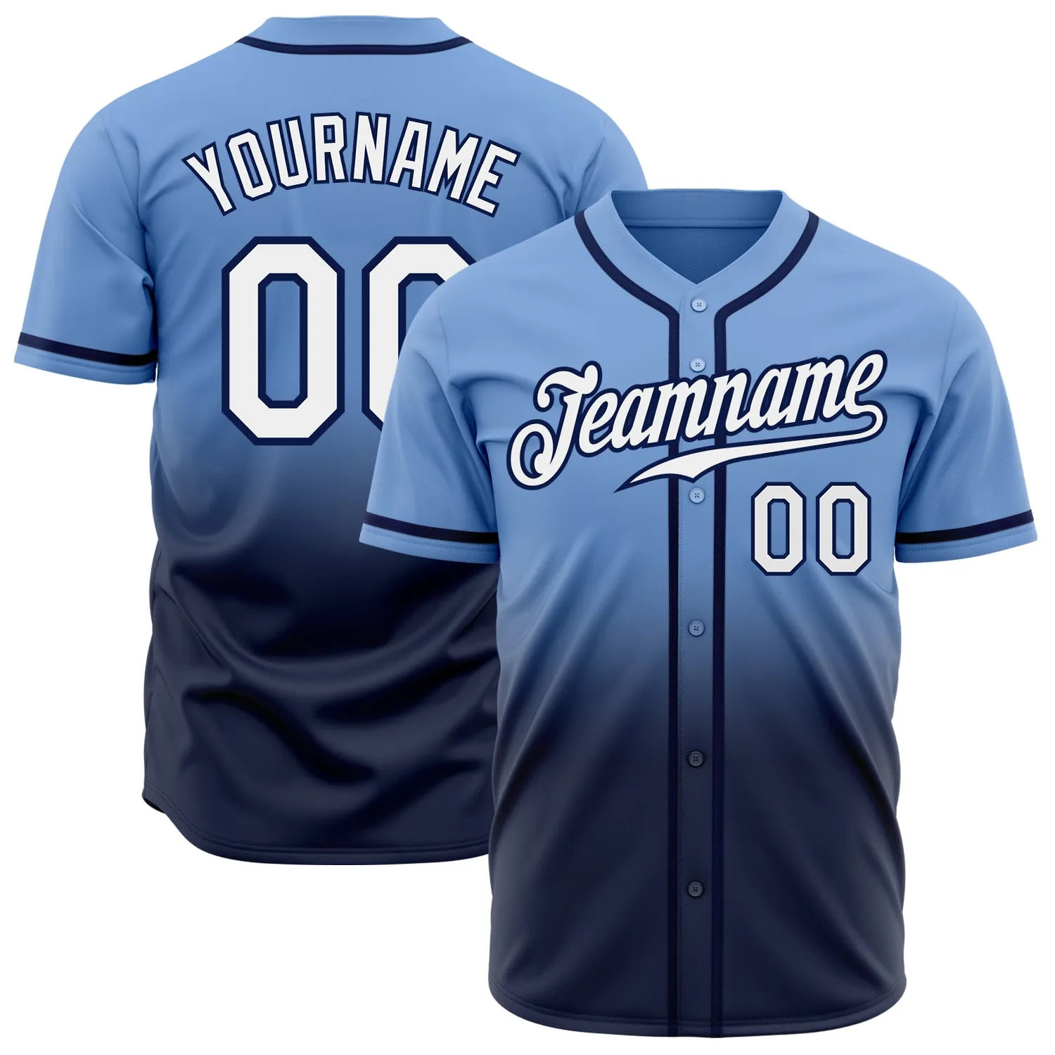 Custom Light Blue White-Navy Authentic Fade Fashion Baseball Jersey