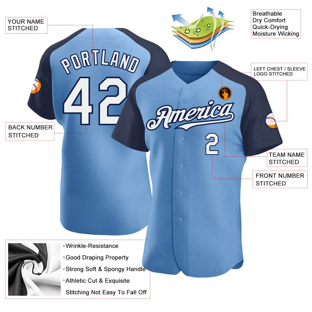 Custom Light Blue White-Navy Authentic Raglan Sleeves Baseball Jersey