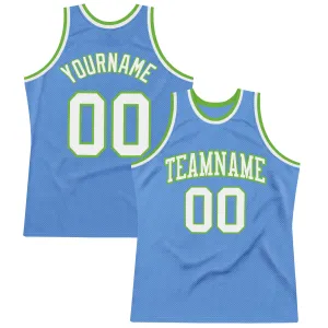 Custom Light Blue White-Neon Green Authentic Throwback Basketball Jersey