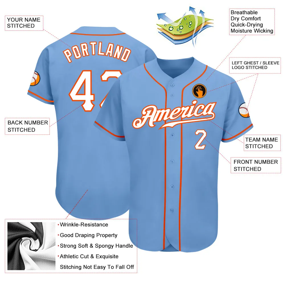 Custom Light Blue White-Orange Authentic Baseball Jersey