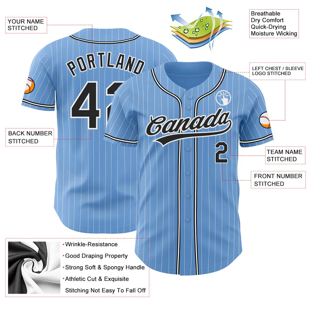 Custom Light Blue White Pinstripe Black Authentic Baseball Jersey