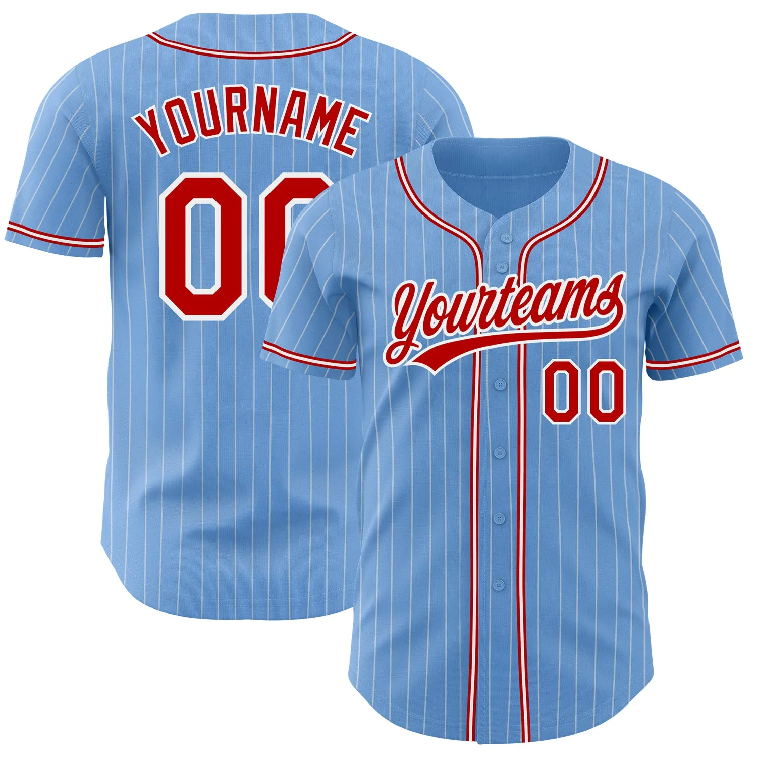 Custom Light Blue White Pinstripe Red Authentic Baseball Jersey