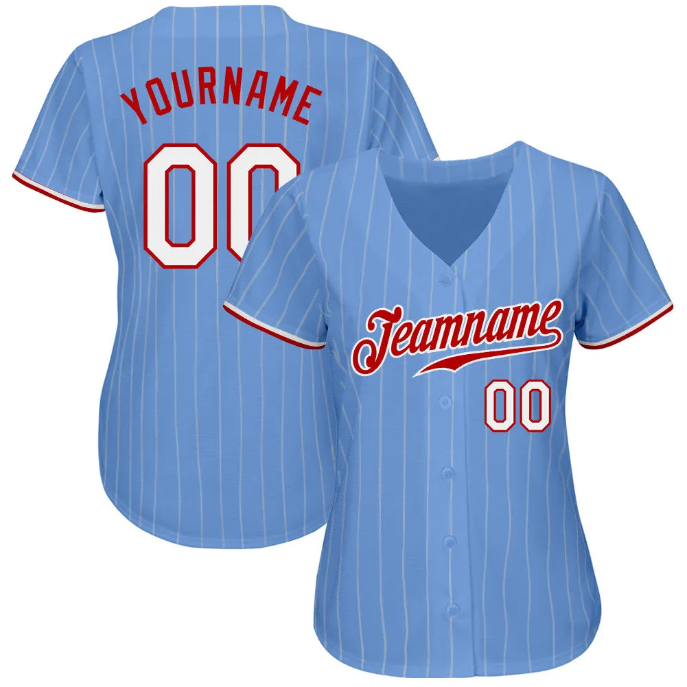 Custom Light Blue White Pinstripe White-Red Authentic Baseball Jersey