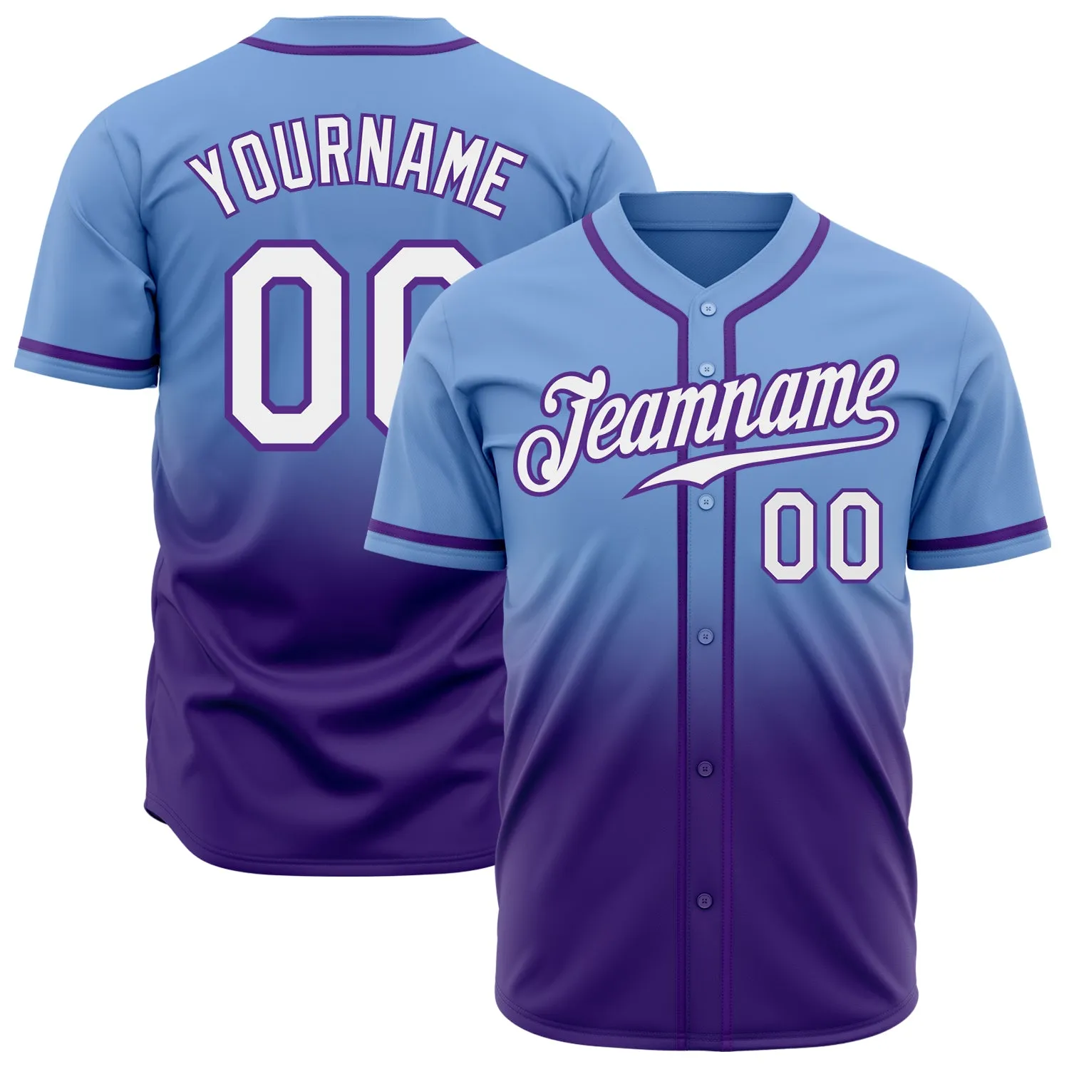 Custom Light Blue White-Purple Authentic Fade Fashion Baseball Jersey