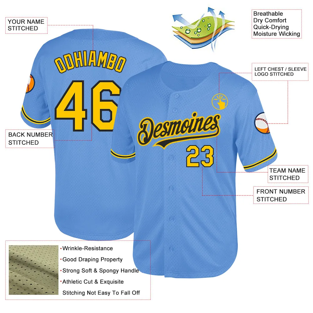 Custom Light Blue Yellow-Black Mesh Authentic Throwback Baseball Jersey