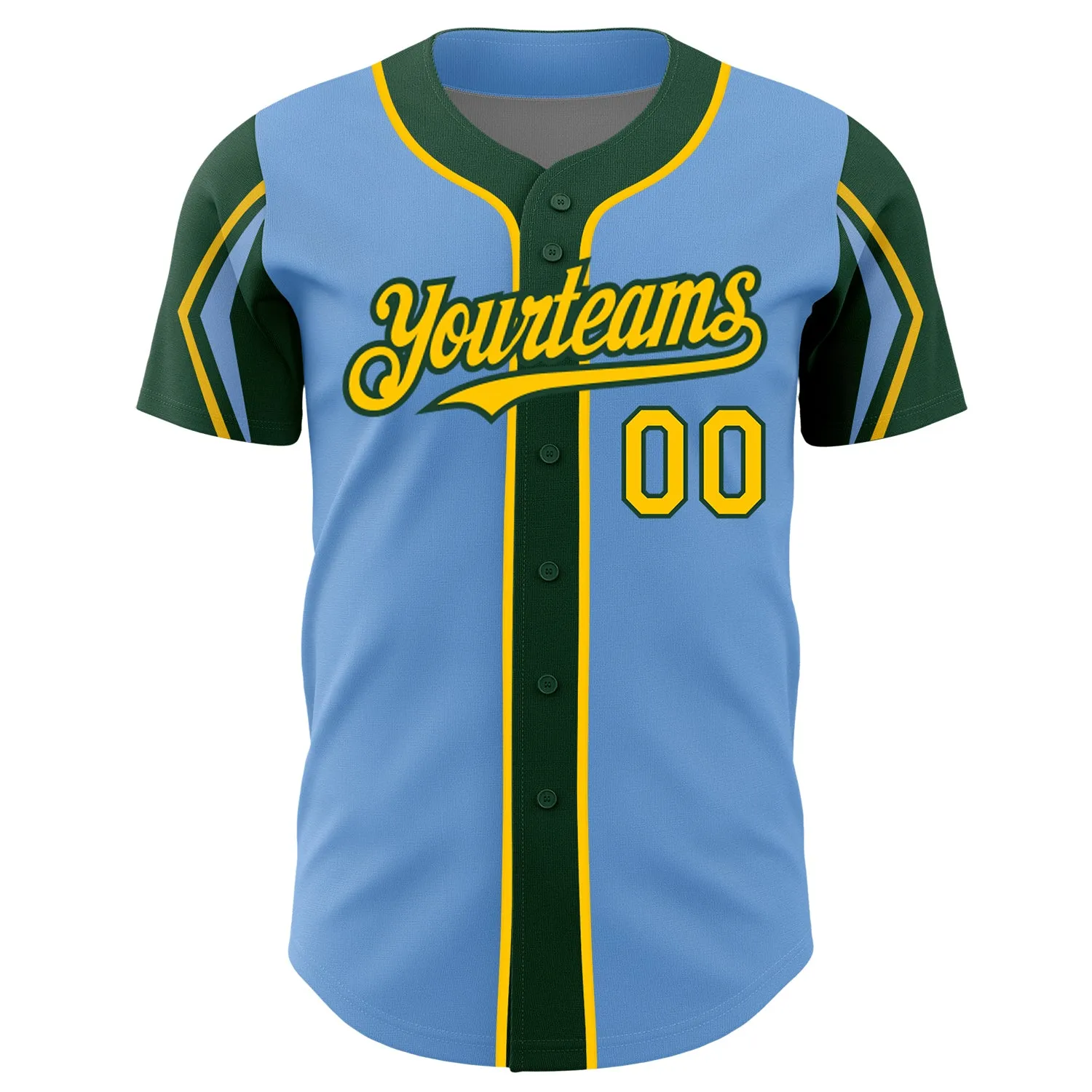 Custom Light Blue Yellow-Green 3 Colors Arm Shapes Authentic Baseball Jersey