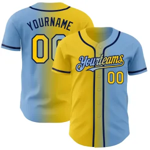 Custom Light Blue Yellow-Navy Authentic Gradient Fashion Baseball Jersey