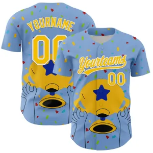 Custom Light Blue Yellow-White 3D Pattern Design Champion Trophy Authentic Baseball Jersey