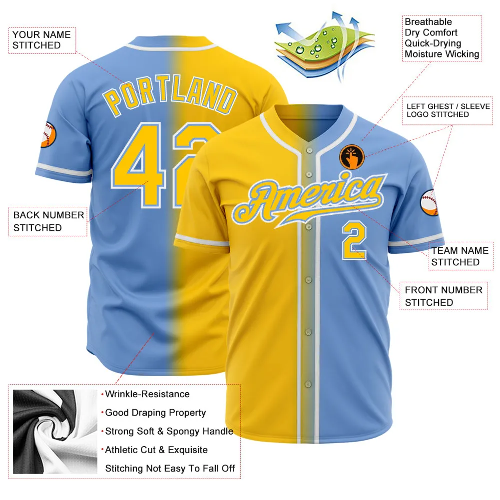 Custom Light Blue Yellow-White Authentic Gradient Fashion Baseball Jersey